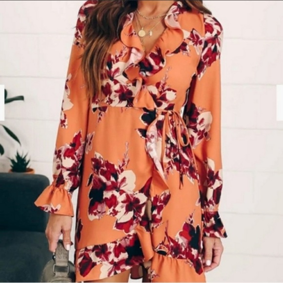 🆕LAST ONE!🛍 Coral floral wrap ruffle mini dress! - Picture 5 of 7